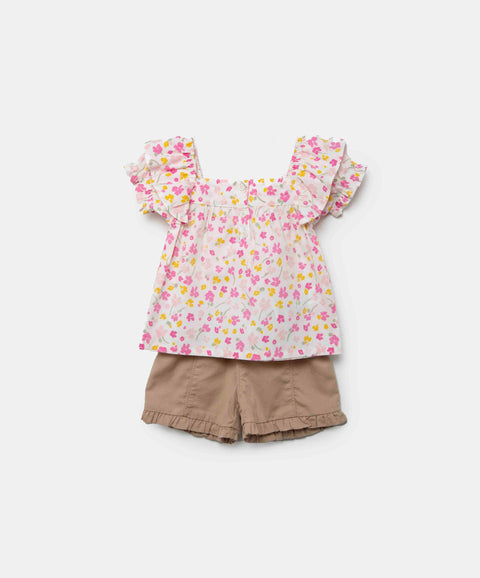 Conjunto Blusa Y Short Para Recién Nacida En Tela Suave Color Rosado Y Arena