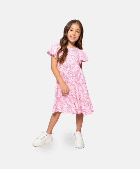 Vestido Estampado Para Niña En Lino Color Rosado