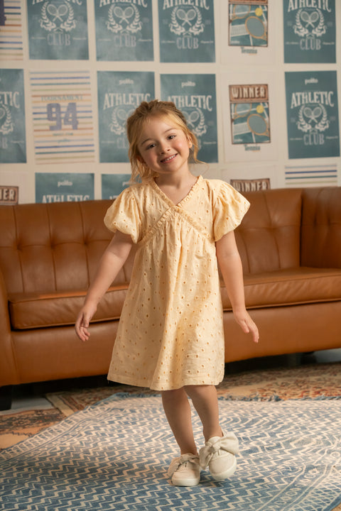 Vestido Manga Corta Para Bebe Niña En Popelina Color Amarillo