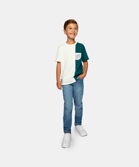 Camiseta Manga Corta Para Niño Con Corte Marfil Y Verde Esmeralda