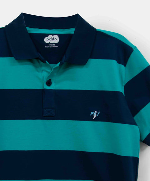 Camiseta Tipo Polo Niño En Algodón Color Azul Navy Con Rayas