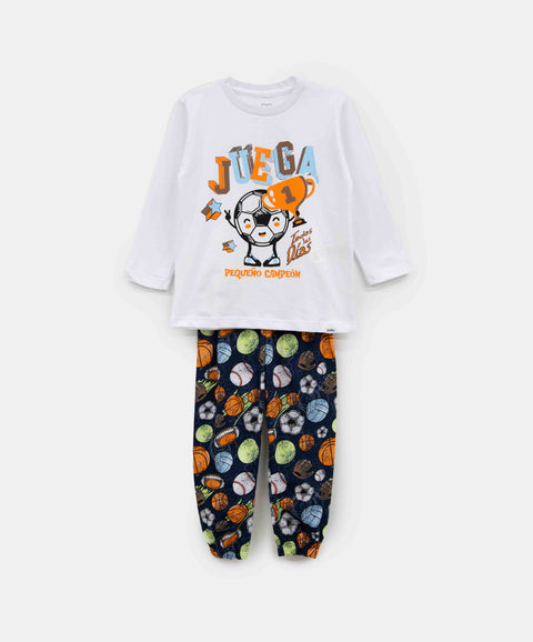 Pijama Manga Larga Y Pantalón Para Bebé Niño Color Blanco Y Azul Oscuro