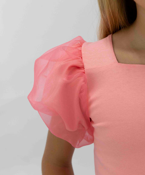 Blusa Manga Corta Para Niña En Licra Color Coral