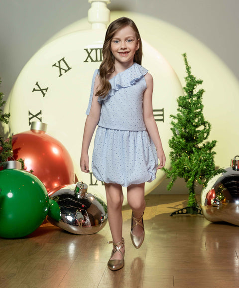 Conjunto Blusa Y Falda Para Niña En Ojalillo Color Azul Claro