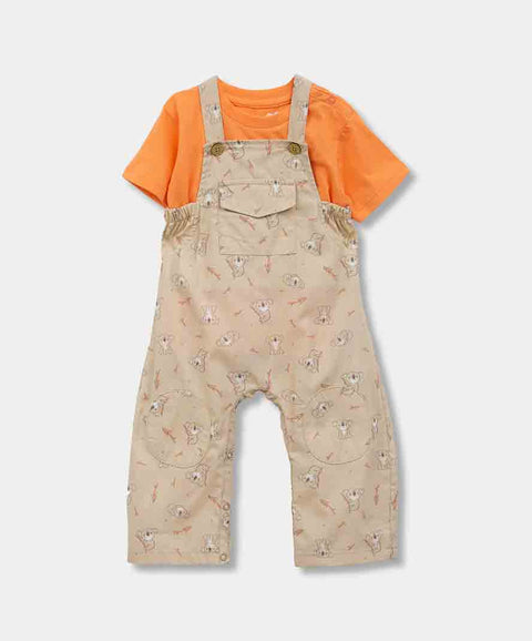 Conjunto Camiseta Y Overol Largo Para Recién Nacido Color Kaki Y Naranja