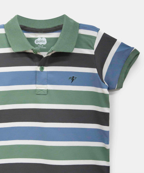Camiseta Tipo Polo Para Bebé Niño En Algodón Color Verde Con Rayas