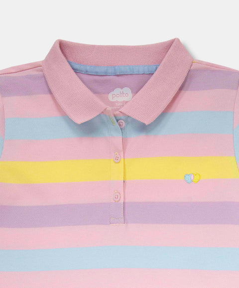 Camiseta Tipo Polo Para Niña En Algodón Color Rosado Con Rayas