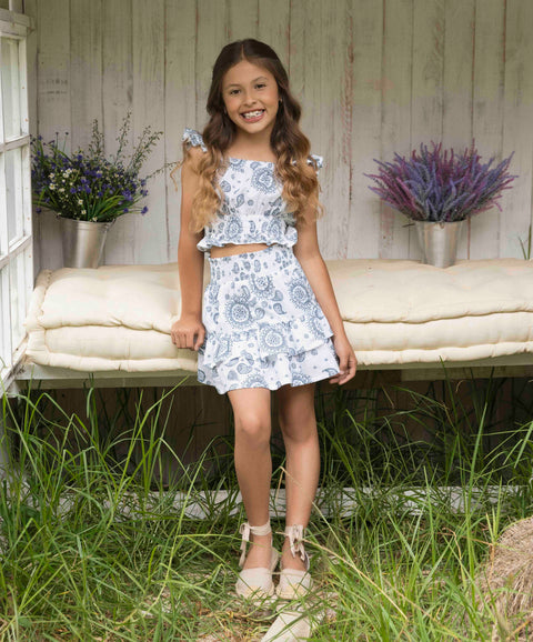 Conjunto Blusa Y Falda Para Niña Color Azul Estampado