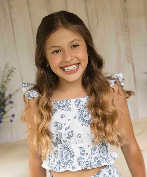 Conjunto Blusa Y Falda Para Niña Color Azul Estampado