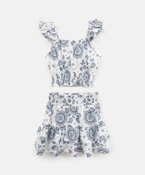 Conjunto Blusa Y Falda Para Niña Color Azul Estampado