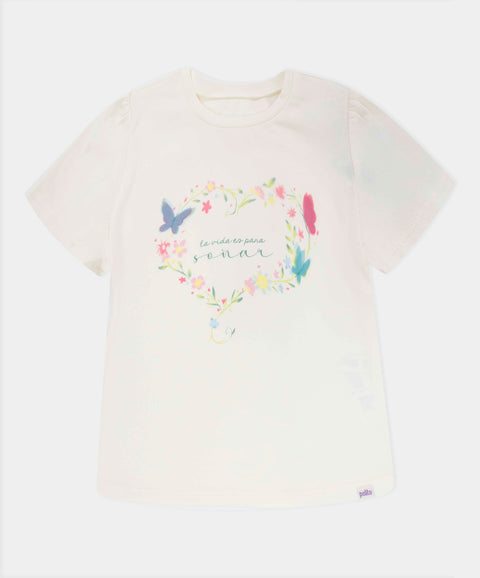 Camiseta Manga Corta Para Bebe Niña En Licra Color Marfil