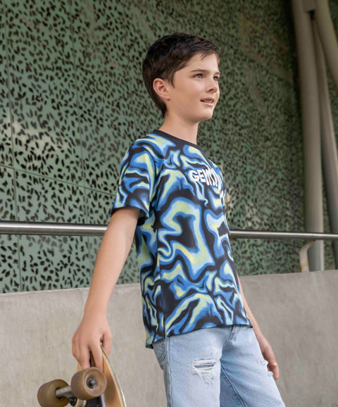 Camiseta Manga Corta Para Niño En Tela Suave Color Azul Estampado