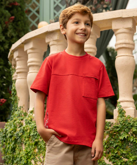 Camiseta Manga Corta Para Niño En Tela Suave Color Rojo Vino