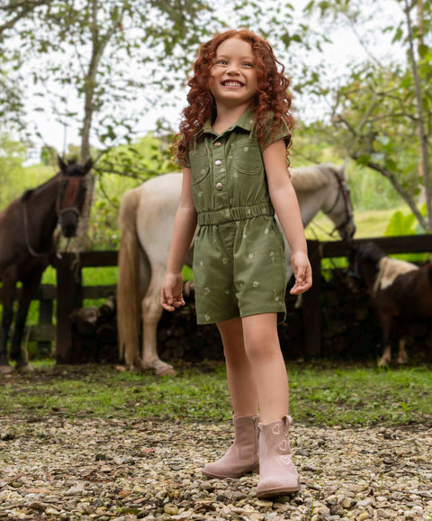 Jumpsuit Corto Para Bebé Niña Color Verde Aceituna