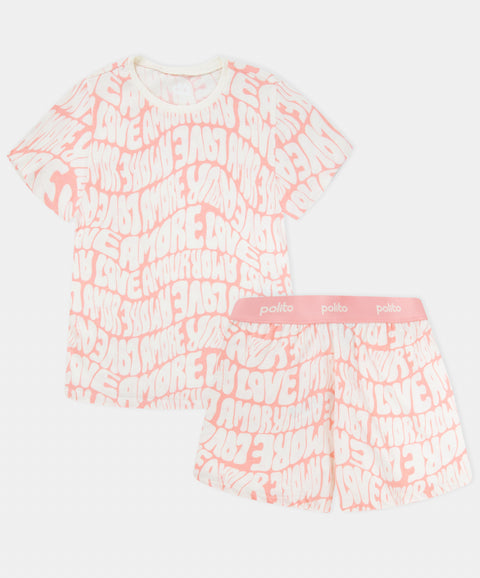 Pijama Estampada Manga Corta Y Short Para Niña Color Rosado