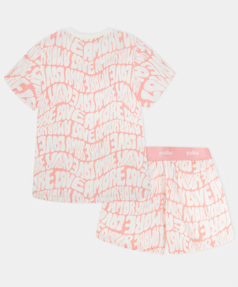 Pijama Estampada Manga Corta Y Short Para Niña Color Rosado