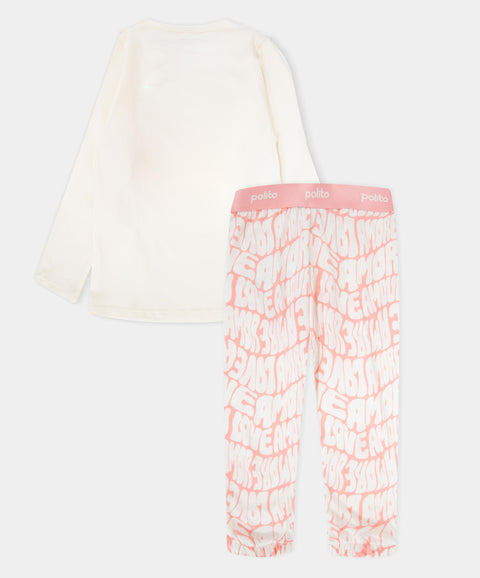 Pijama Manga Larga Y Pantalón Para Bebé Niña Color Marfil Y Rosado