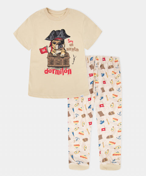 Pijama Camiseta Manga Corta Y Pantalón Para Niño Color Beige