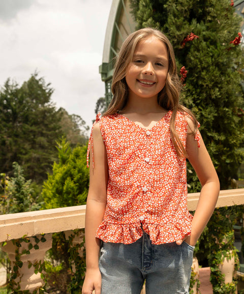 Blusa Estampada Manga Sisa Para Niña En Tela Suave Color Rojo