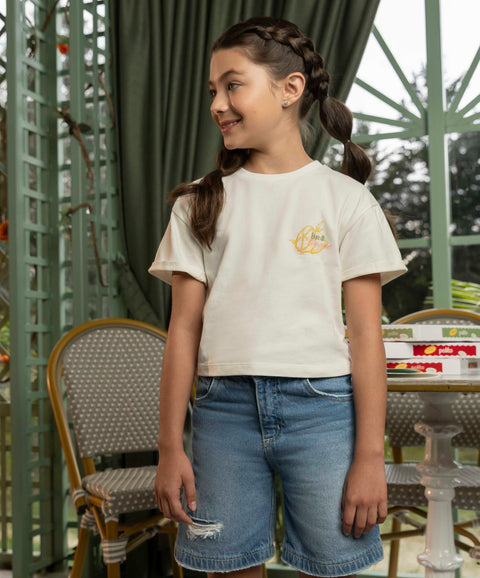 Camiseta Manga Corta Para Niña En Tela Suave Color Marfil