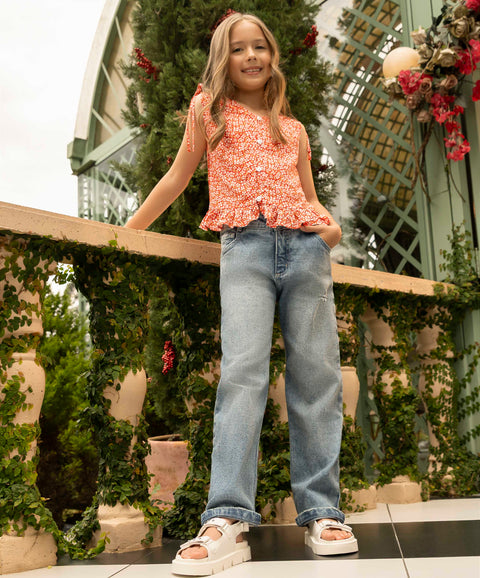 Jean Straight Para Niña En Denim Tono Medio