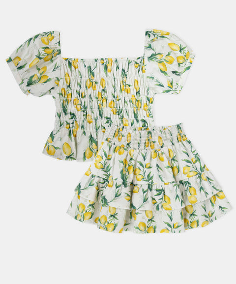 Conjunto Blusa Y Falda Para Niña Color Marfil Estampado
