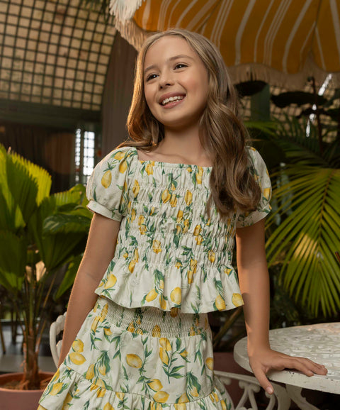 Conjunto Blusa Y Falda Para Niña Color Marfil Estampado