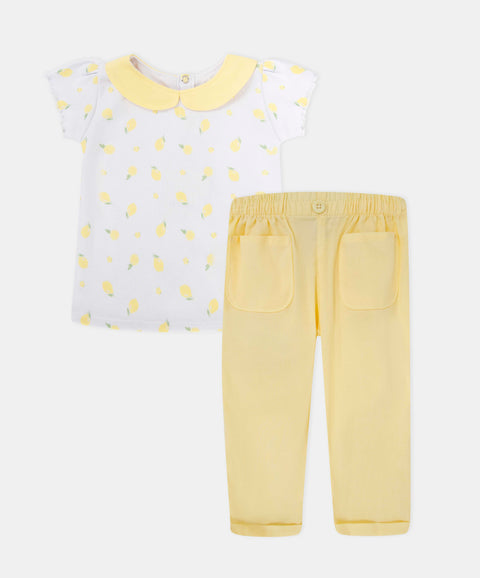 Conjunto Camiseta Manga Corta Y Pantalón Para Recién Nacida Color Amarillo Y Blanco