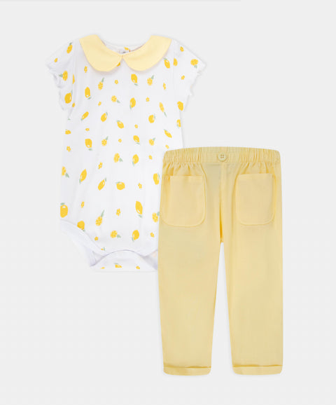 Conjunto Body Manga Corta Y Pantalón Para Recién Nacida Color Amarillo Y Blanco