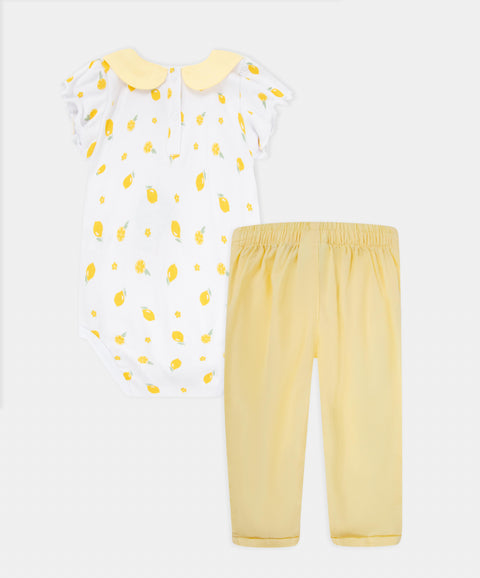 Conjunto Body Manga Corta Y Pantalón Para Recién Nacida Color Amarillo Y Blanco