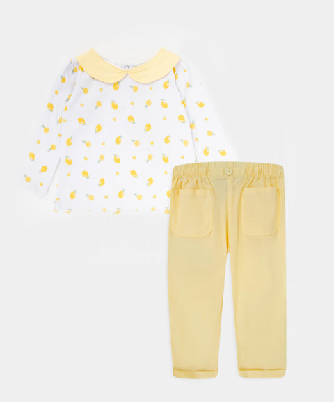 Conjunto Camiseta Manga Larga Y Pantalón Para Recién Nacida Color Amarillo Y Blanco