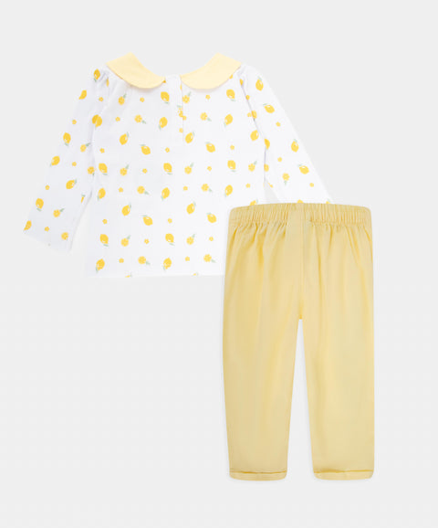Conjunto Camiseta Manga Larga Y Pantalón Para Recién Nacida Color Amarillo Y Blanco