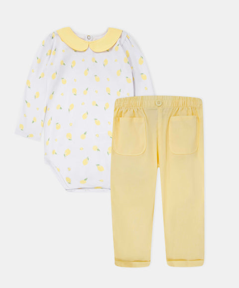 Conjunto Body Manga Larga Y Pantalón Para Recién Nacida Color Amarillo Y Blanco