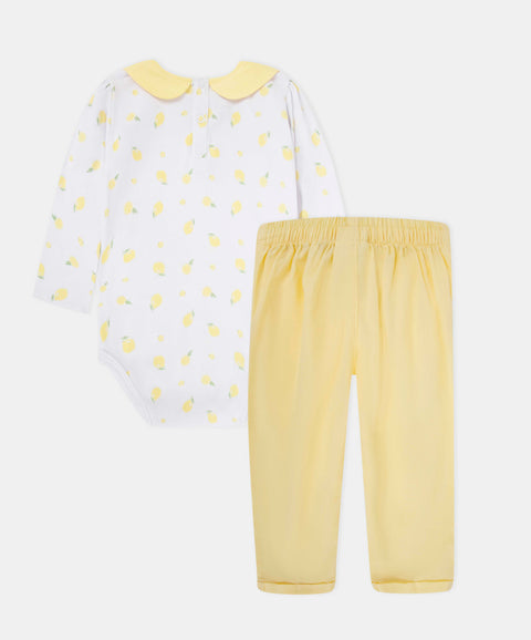 Conjunto Body Manga Larga Y Pantalón Para Recién Nacida Color Amarillo Y Blanco
