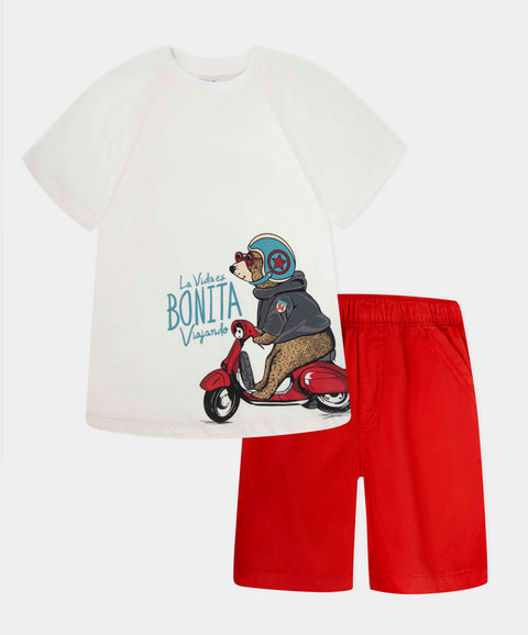 Conjunto De Camiseta Y Bermuda Para Bebé Niño Color Marfil Y Rojo