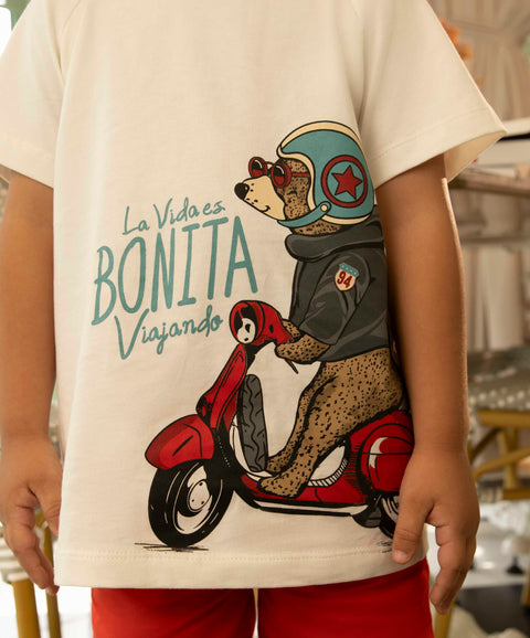Conjunto De Camiseta Y Bermuda Para Bebé Niño Color Marfil Y Rojo