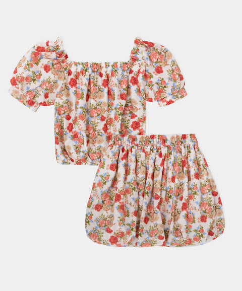 Conjunto Blusa Y Falda Para Niña Color Marfil Estampado