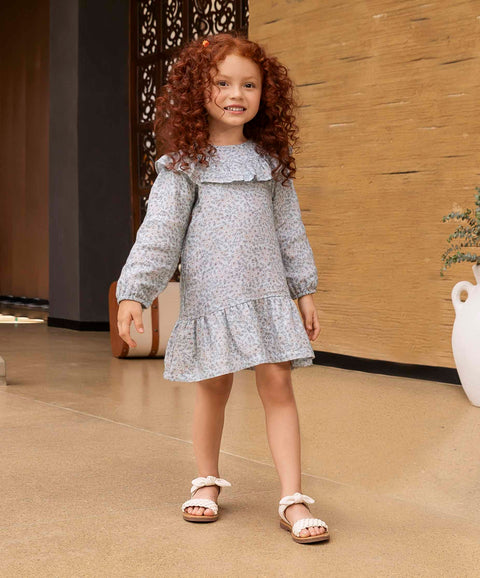 Vestido Corto Manga Larga Para Bebé Niña Color Azul Estampado