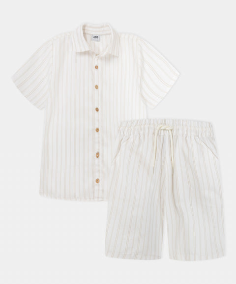 Conjunto De Camisa Y Bermuda Para Niño En Algodón Color Marfil Con Rayas