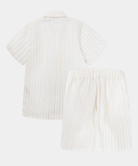 Conjunto De Camisa Y Bermuda Para Niño En Algodón Color Marfil Con Rayas