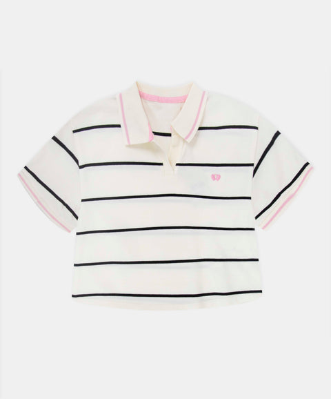 Camiseta Tipo Polo Para Niña En Algodón Color Marfil Con Rayas
