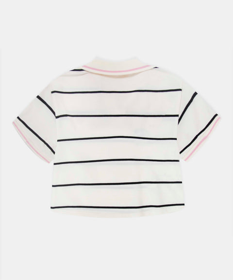 Camiseta Tipo Polo Para Niña En Algodón Color Marfil Con Rayas