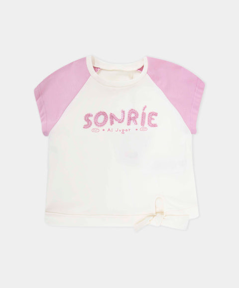 Camiseta Manga Corta Para Bebe Niña En Licra Color Marfil