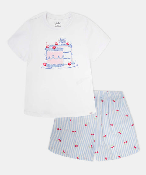 Pijama Manga Corta Y Short Estampado Para Niña Color Blanco Y Azul Claro