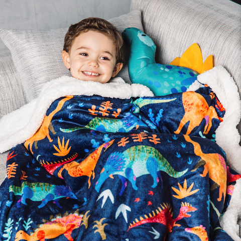 Cobija Para Niño En Tela Suave Color Azul Con Estampado De Dinosaurios