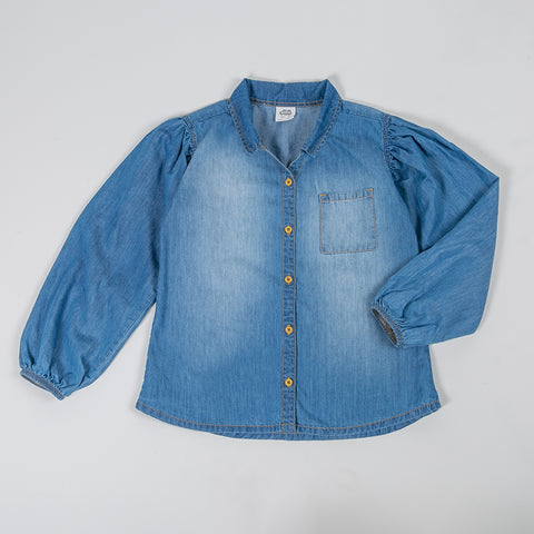 Camisa manga larga para niña en denim color índigo