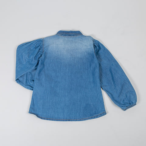 Camisa manga larga para niña en denim color índigo