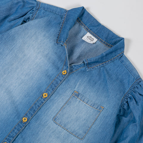 Camisa manga larga para niña en denim color índigo