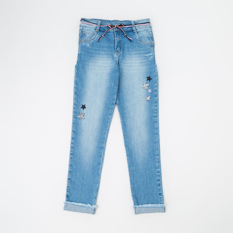 Jean Para Niña En Denim Color Índigo Con Ligeros Desgastes