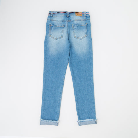 Jean Para Niña En Denim Color Índigo Con Ligeros Desgastes